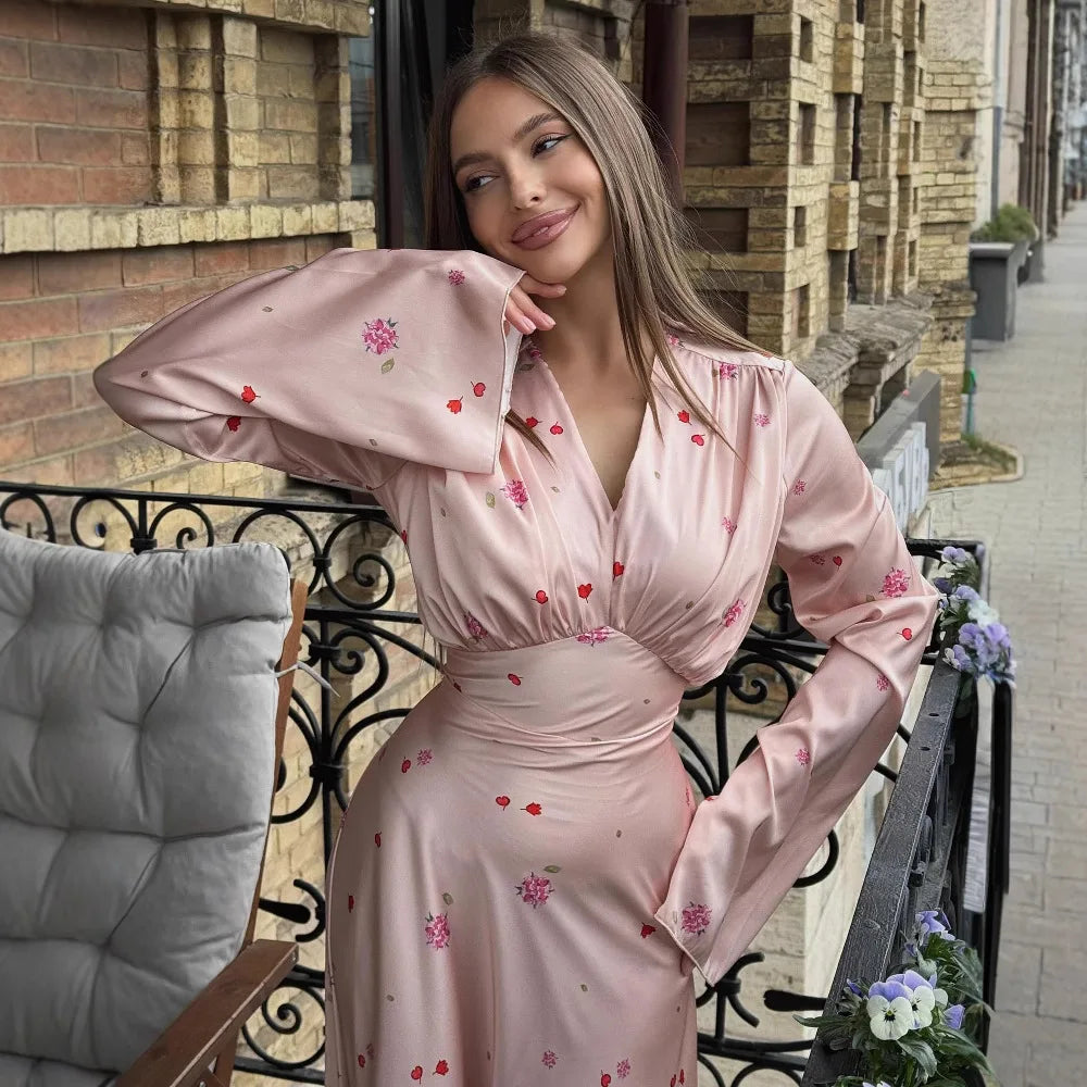 2025 Autumn Elegant Printed Satin Long Dress Women Slim Lace Up V-neck Full Sleeve Pleat Dresses Lady Party Evening Robes New
