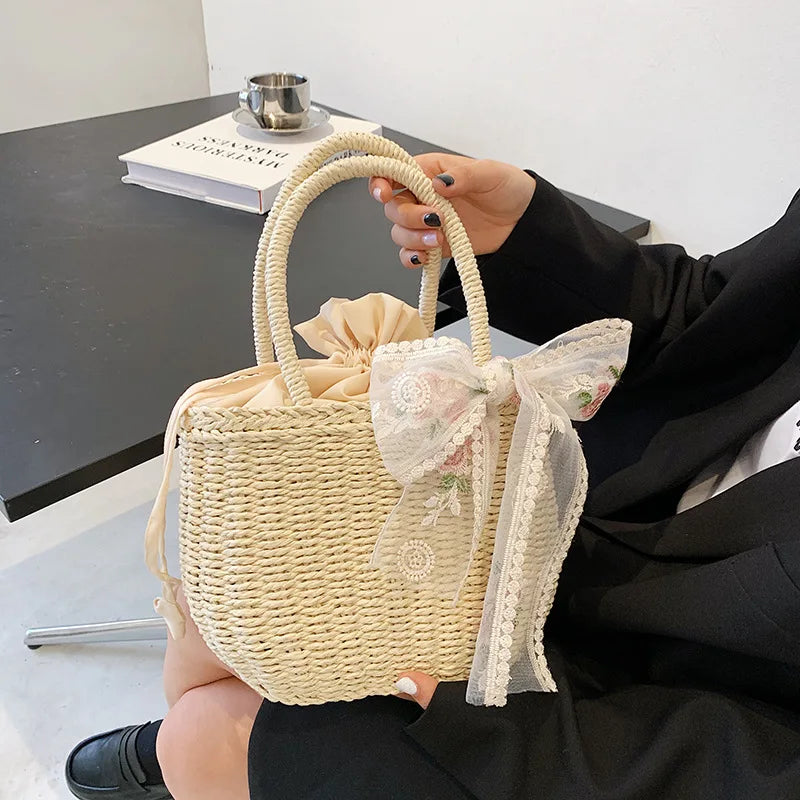 Women Summer Straw Rattan Woven Tote Small Clutch Bags Retro Ladies Beach Basket Handbags Vacation Travel Shopping Purse Bolsos