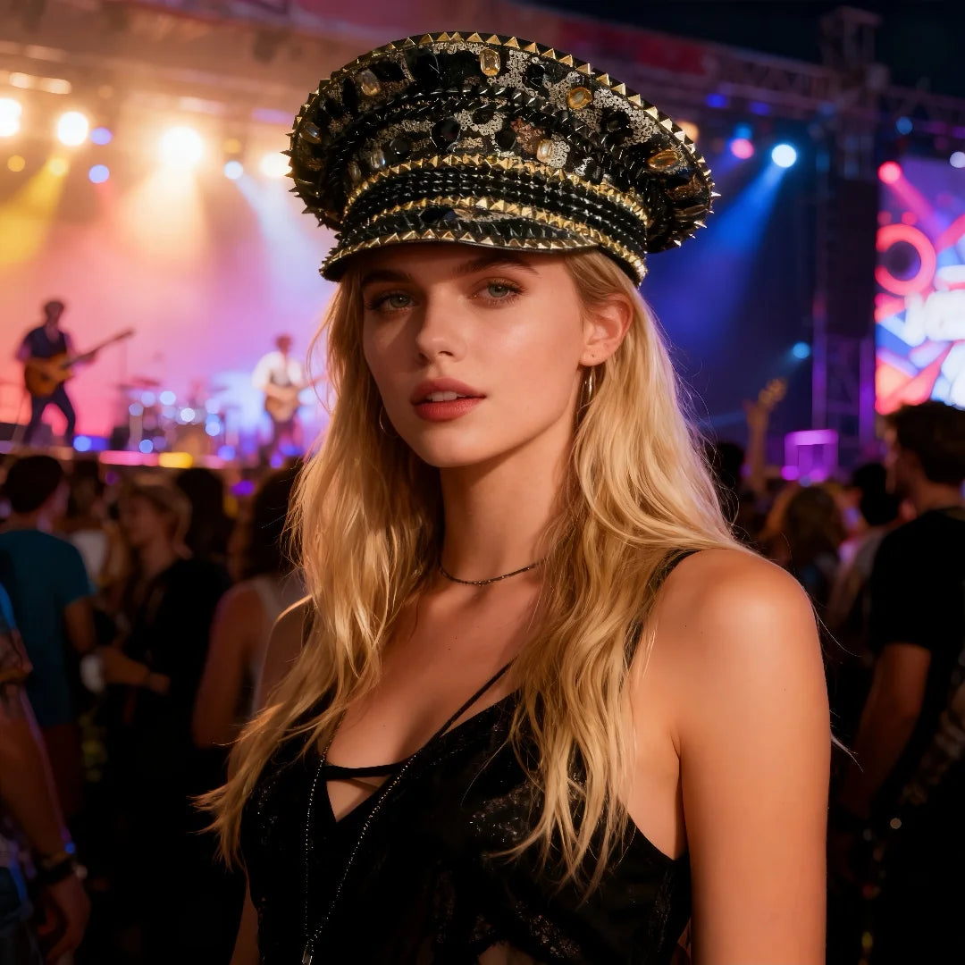 HongLuan Blue Steampunk Captain Hat Rhinestone for Burning Man Festival Woman, Vintage Military Accessories & Military Cap Man