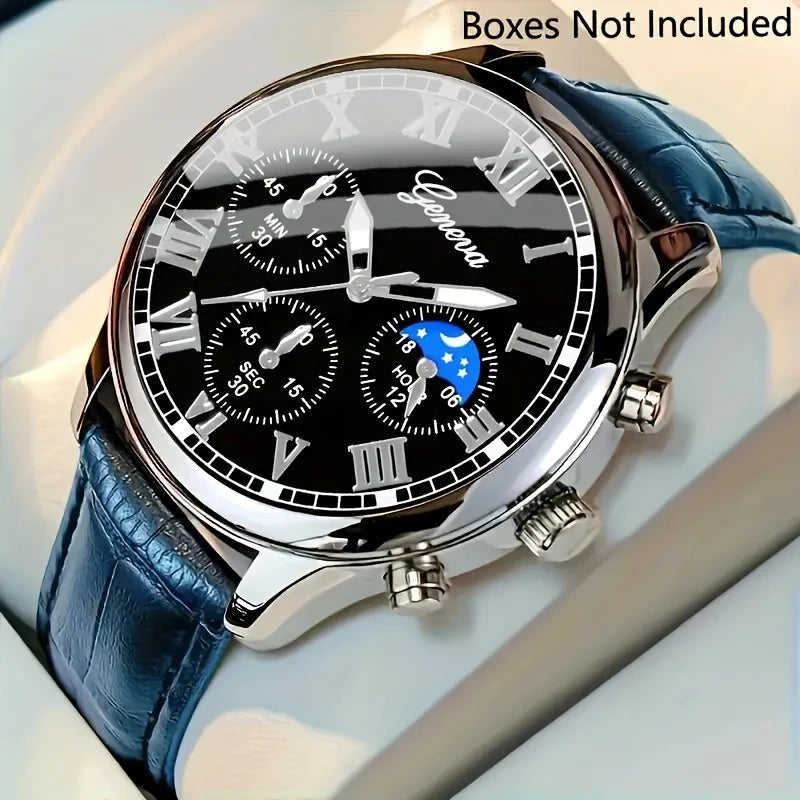 Casual men's quartz watch, fashionable business PU leather watch bracelet combination, suitable for daily use or gift gifts