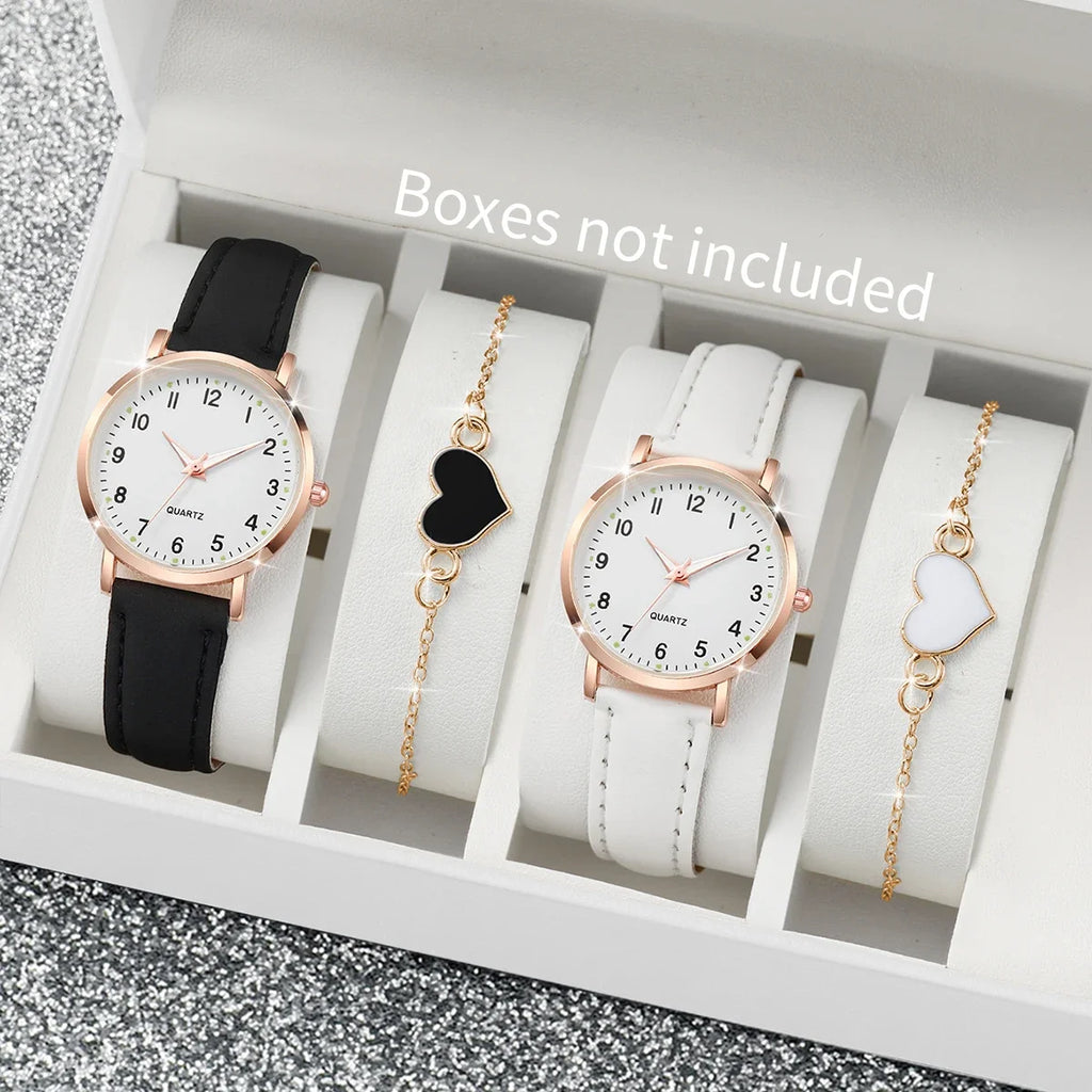 4/6PCS Fashion Arabic Dial Women Watches Ladies Leather Strap Quartz Wristwatch Heart Bracelets Set Reloj Mujer(Without Box)