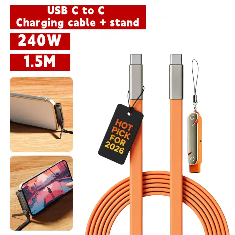 240W 2-in-1 Black/Orange Fast Charging Foldable Bracket Data Cable Type-C to Type-C Data Wire with Phone Tablet Stand