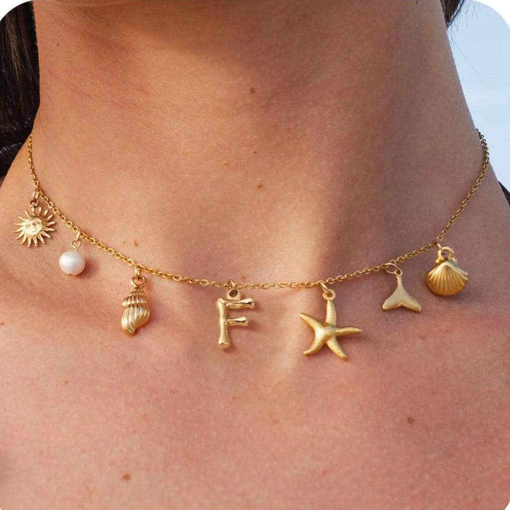MHS.SUN Starfish Shell Initial Necklace Waterproof 18K Gold Plated Stainless Steel Charm Necklaces Surfer Girl Summer Beach Gift