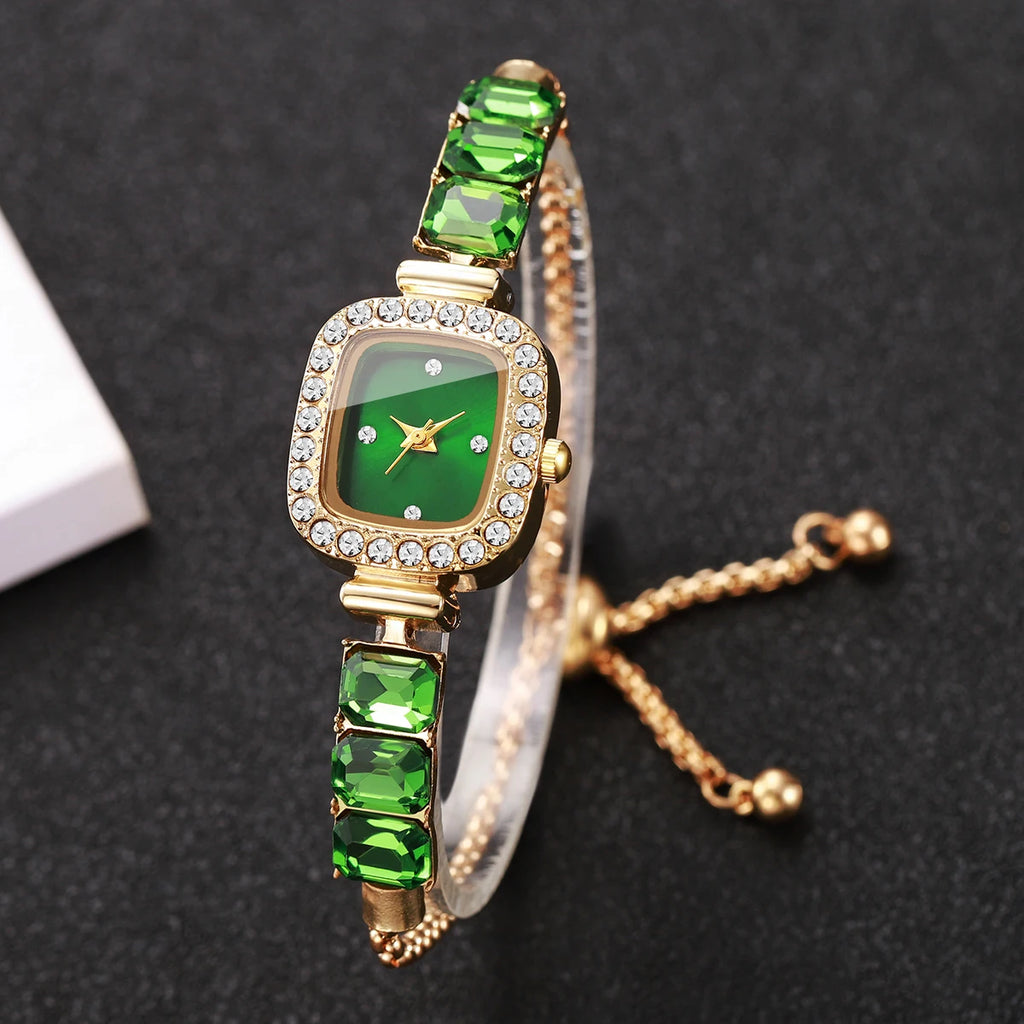 Fashion Square Diamond Dial Women Quartz Wristwatch Ladies Rhinestone Bracelet Strap Watch Reloj Mujer (Without Box)