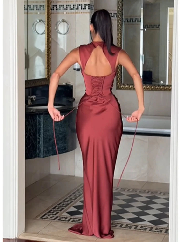 Ruched Waist Satin Long Dress Solid Bodycon Sleeveless Cowl Neck Fishtail Women Dresses 2026 Summer Lady Formal Evening Gowns