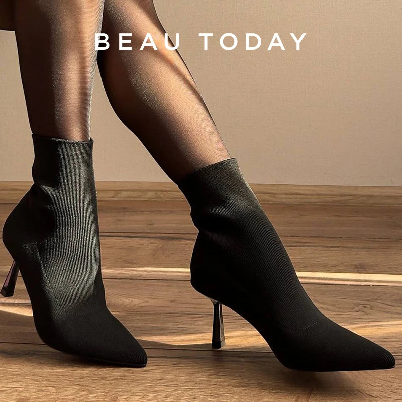 BEAUTODAY High Heel Modern Boots Women Fabric Pointed Toe Black Color 2023 Spring Retro Elegant Ladies Shoes Handmade 03925