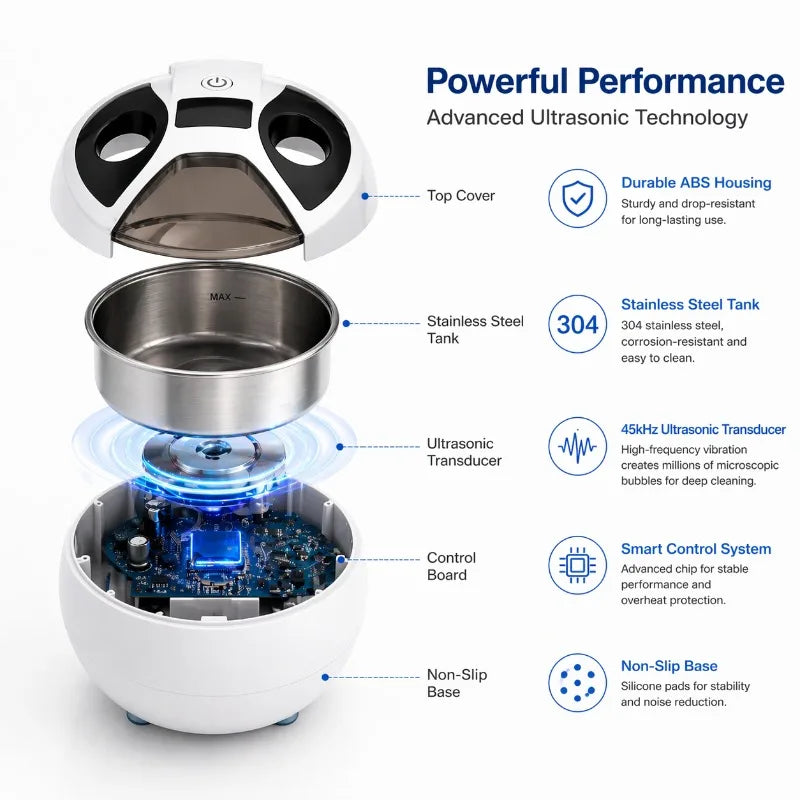 Dental Cleaning Pod 45kHz Ultrasonic Retainer UV Cleaner Machine Digital Timer 2 Modes 200ML Capacity for Dentures Mouth Guards
