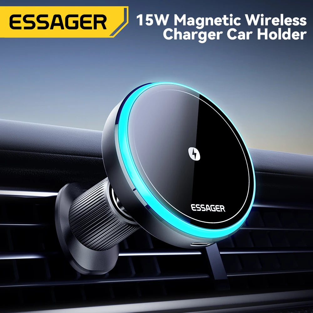 Essager Magnetic Car Phone Holder 15W Wireless Charger Stand For iPhone 17 16 15 14 Max Car Mount Charger for Magsafe LED Light