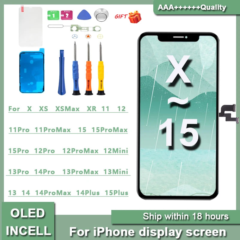 AAA NEW OLED For iPhone X XR XS Max LCD Incell For iPhone 11 12 13 Pro Max 13 Mini 14 Plus 15  Display Screen Digitizer Assembly