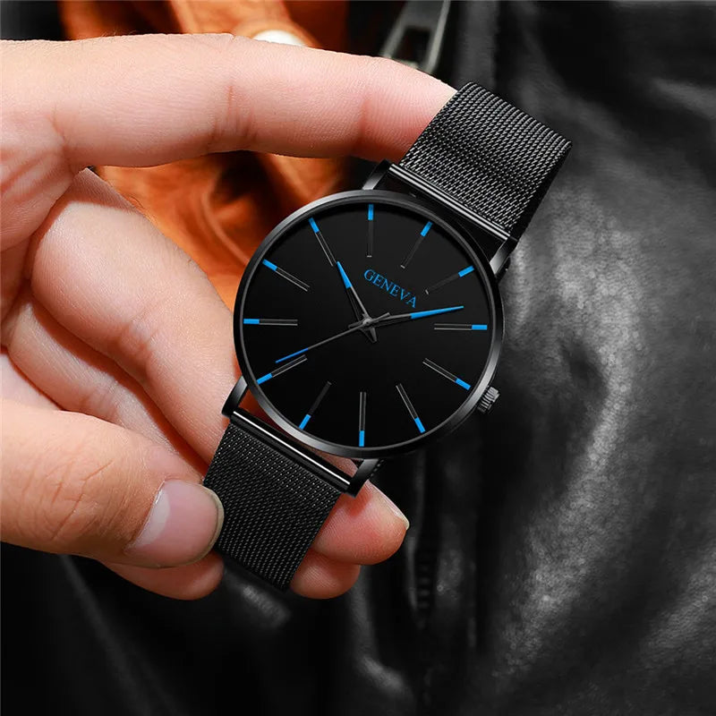 Fashion Ultra Thin Men’s Business Watches Steel Mesh Belt Quartz Wrist Watch for Man Clock Reloj Hombre