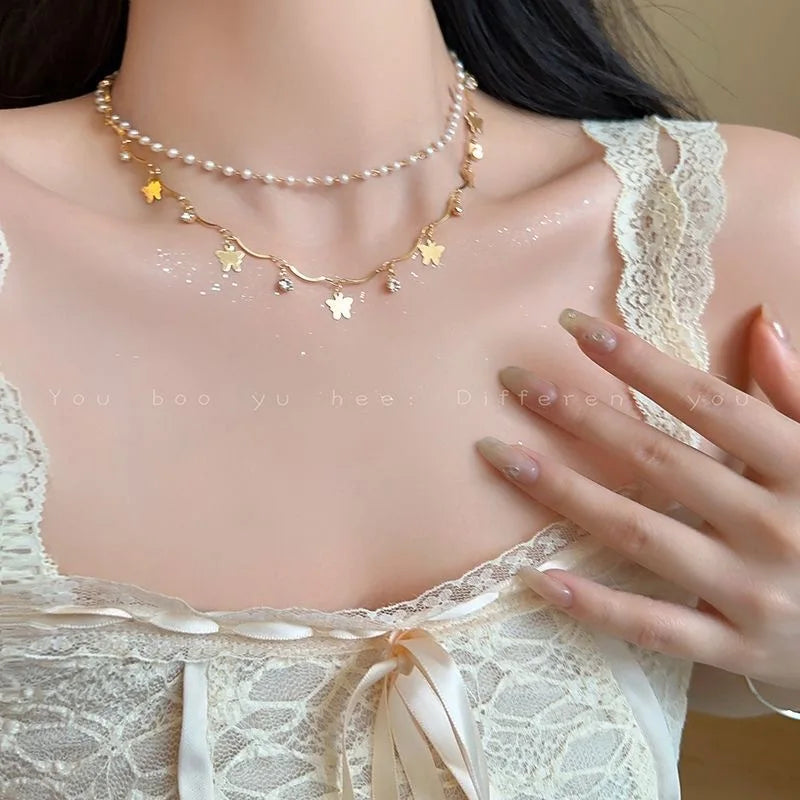 Luxury Crystal Zircon Butterfly Tassel Necklace for Women Elegant Double Layer Clavicle Chain Necklace Party Wedding Jewelry