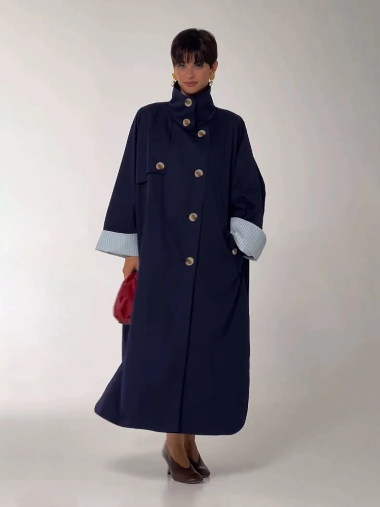 Elegant Khaki Women's Trench Coat Autumn High Neck Full Sleeve Loose Split Long Windbreaker Lady New Casual Chic Jacket 2026