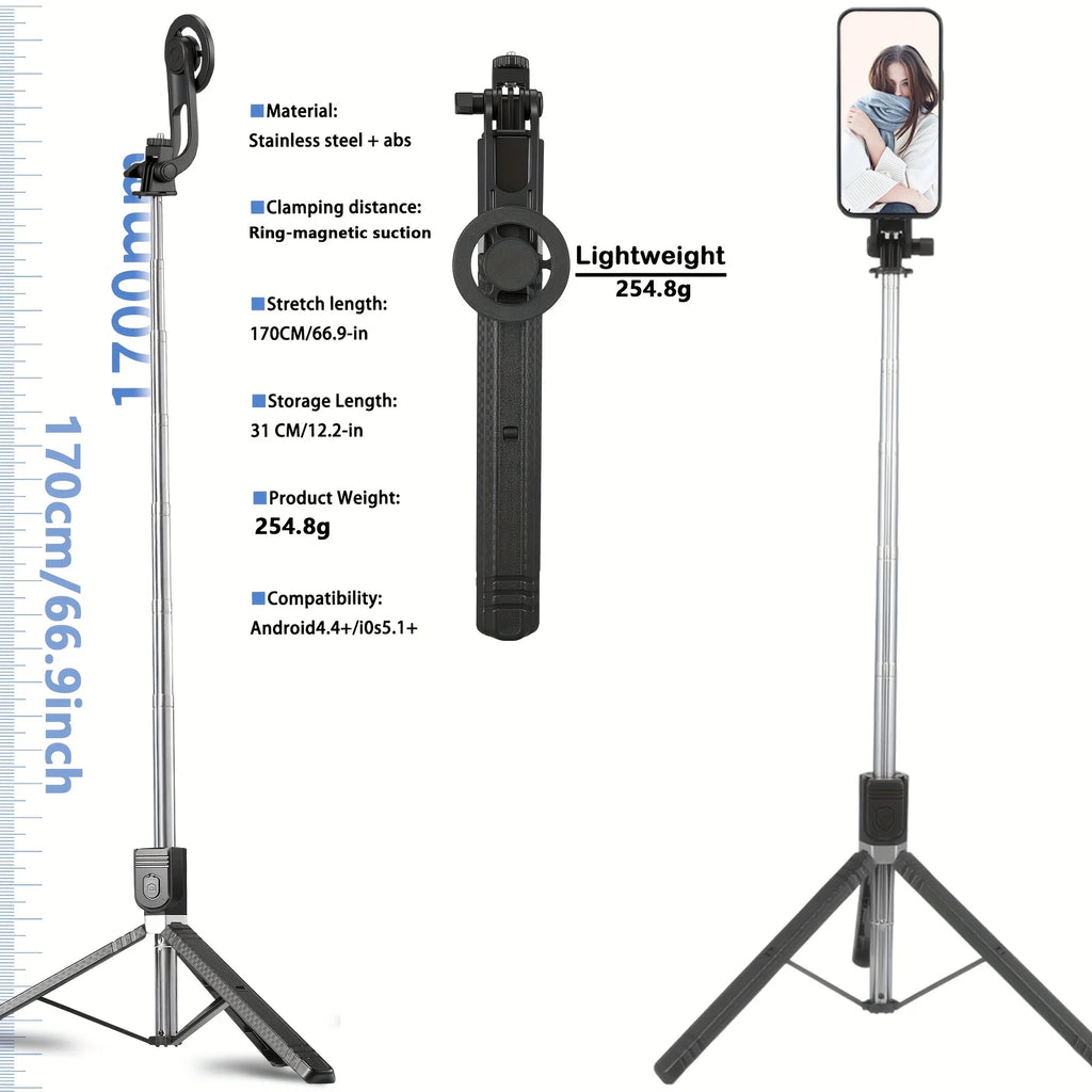 〈Magnetic Quick-Release〉Selfie Stick Tripod with Wireless Remote | Includes Universal Metal Plate for All Phones 170cm Travel st