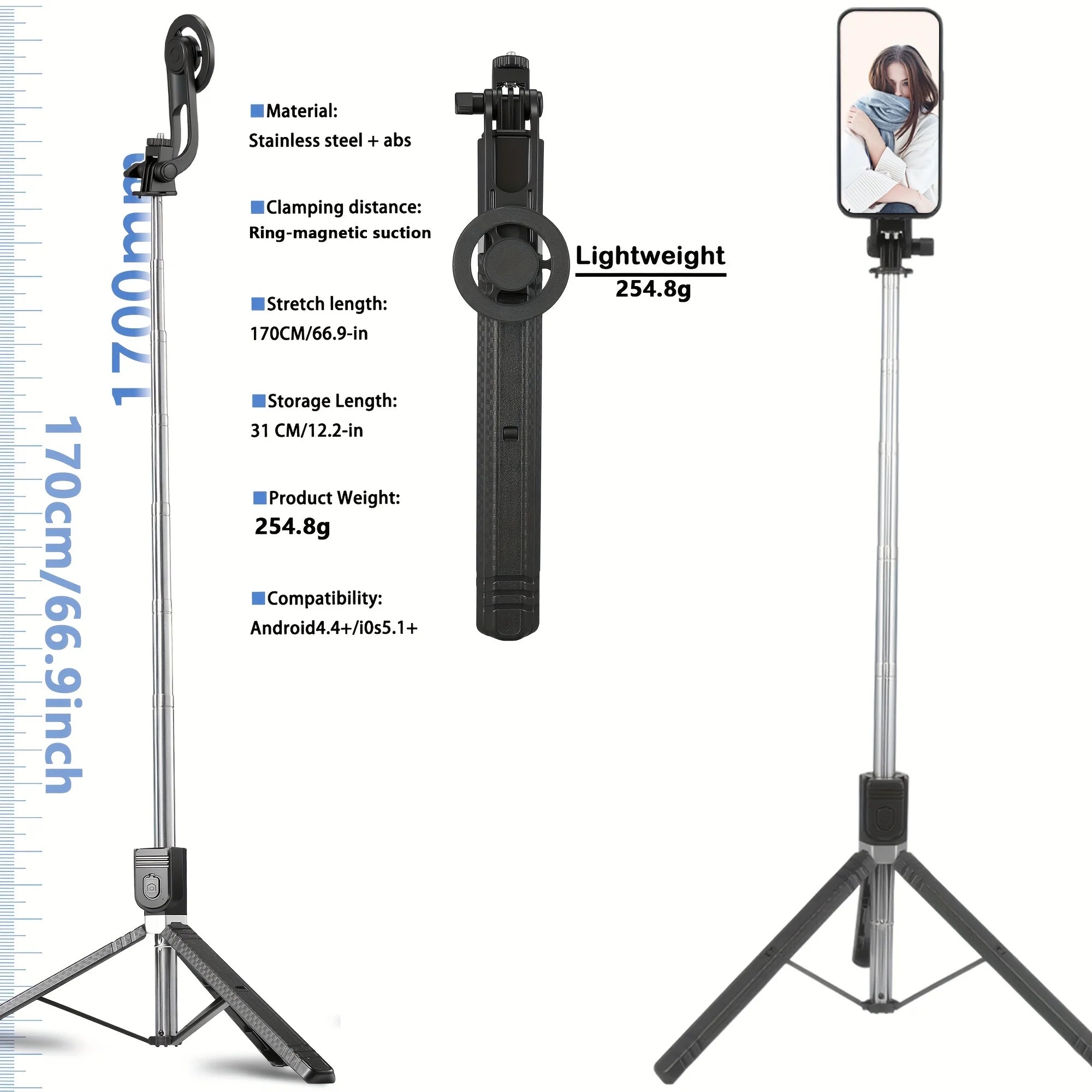 〈Magnetic Quick-Release〉Selfie Stick Tripod with Wireless Remote | Includes Universal Metal Plate for All Phones 170cm Travel st