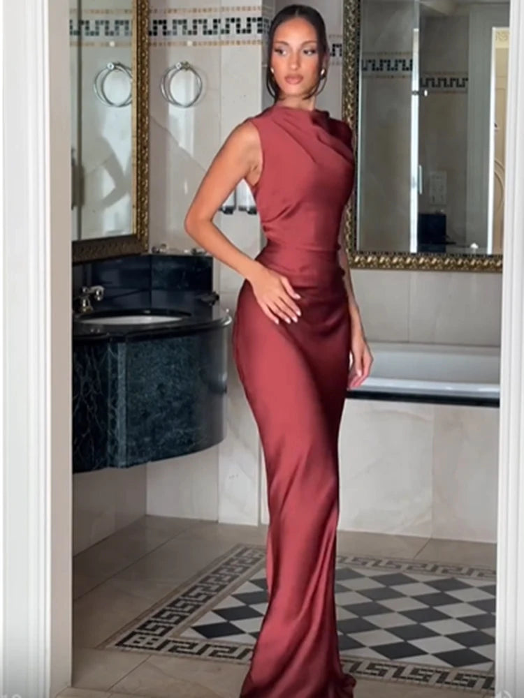 Ruched Waist Satin Long Dress Solid Bodycon Sleeveless Cowl Neck Fishtail Women Dresses 2026 Summer Lady Formal Evening Gowns