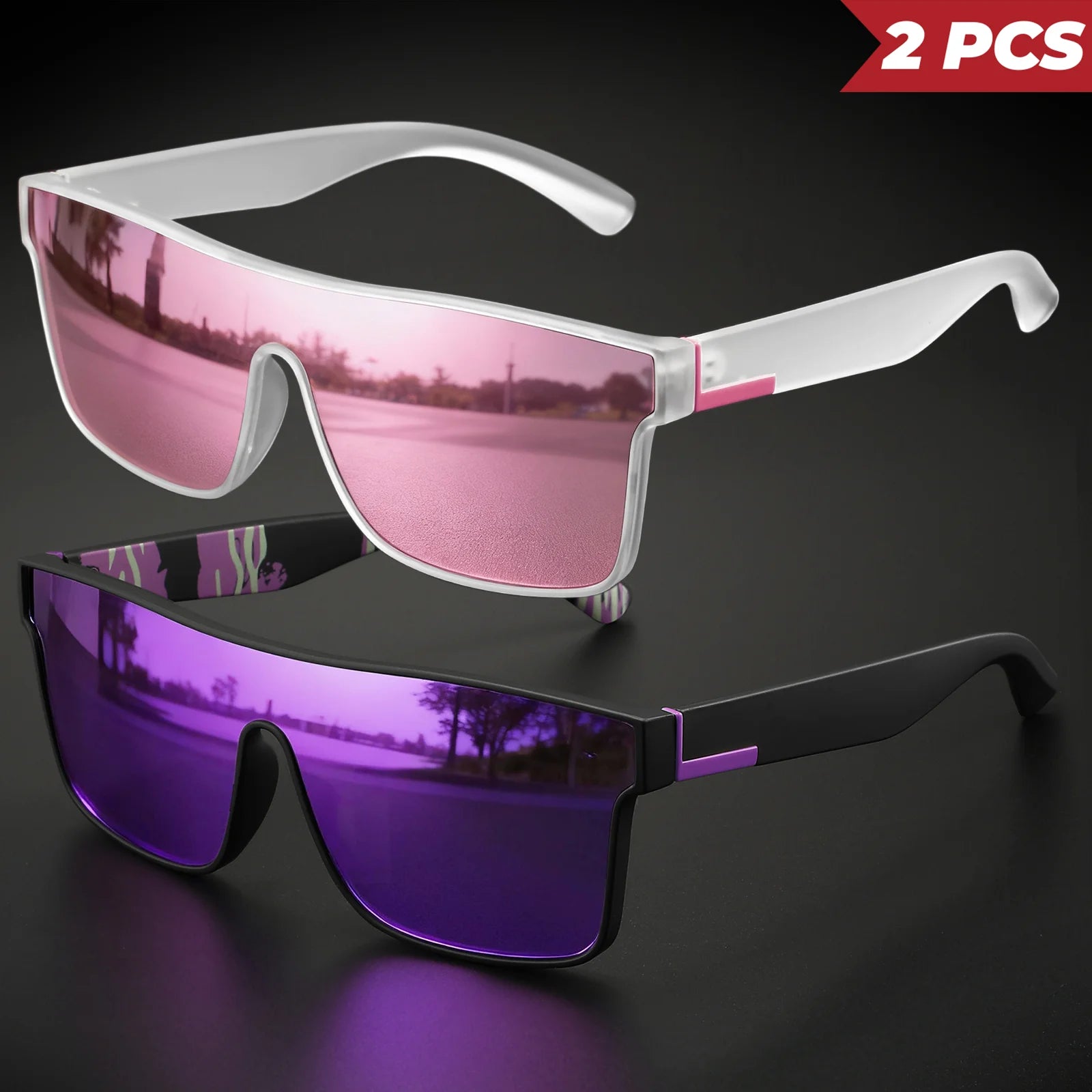 2PCS Classic Colorful Sports Sunglasses - One-Piece Lens, UV400 Unisex for Outdoor, Travel & Daily