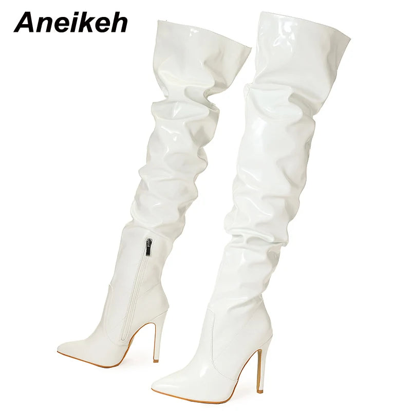 Aneikeh Patent Leather Over The Knee Chelsea Boots Women Shoes Heels Fashion Solid Sexy Thin High Heel Side Zippers Boots Female