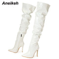 Aneikeh Patent Leather Over The Knee Chelsea Boots Women Shoes Heels Fashion Solid Sexy Thin High Heel Side Zippers Boots Female