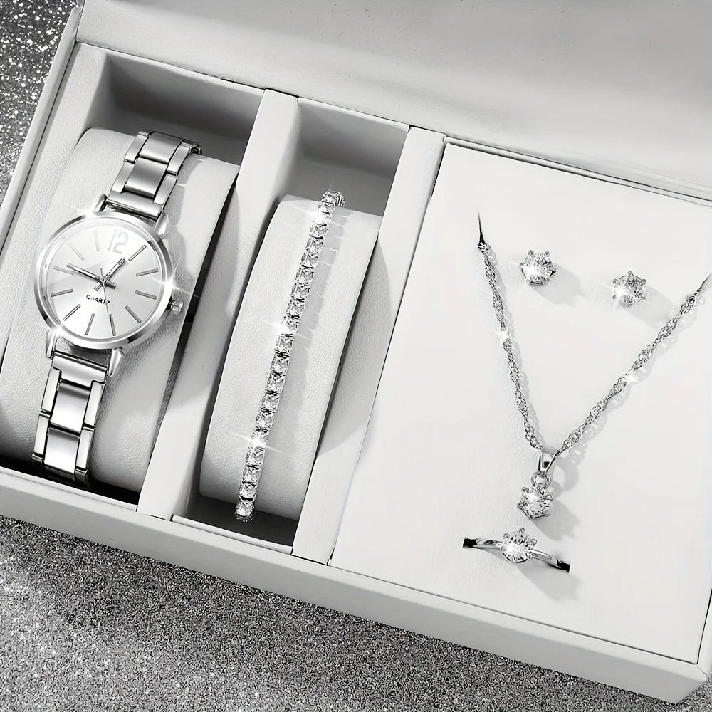 6pcs new luxury ladies' steel strap quartz watch+hot selling gorgeous diamond jewelry set