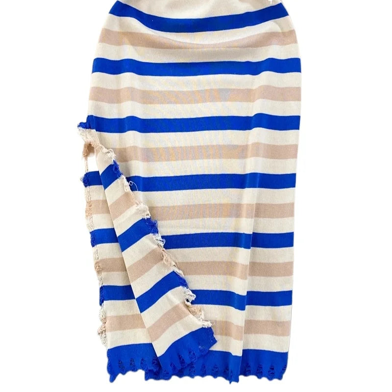 Women's Blue Striped Wide Strap Square Neck Sleeveless Stretchy Sundress Knit Bodycon Midi Dress Tassel ide Slit Summer Dress