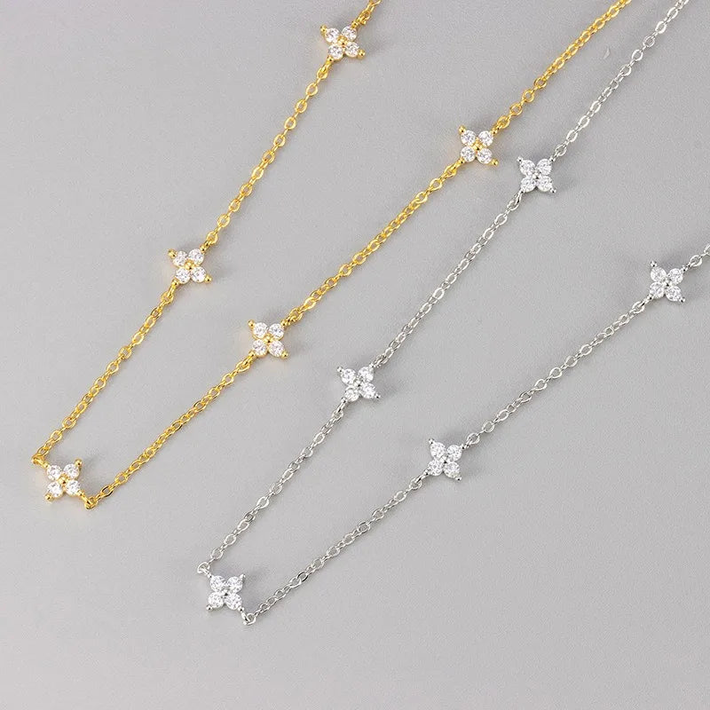 Stainless Steel Zircon Four Leaf Clover Pendant Necklace for Women Girls Simple Elegant Jewelry Gift Lucky Charm Chain