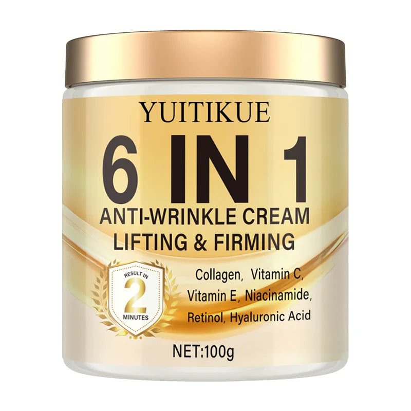 6-in-1 Anti-Wrinkle Cream: Deeply moisturizes, firms the skin, contains Vitamins C and E, retinol, and hyaluronic acid.