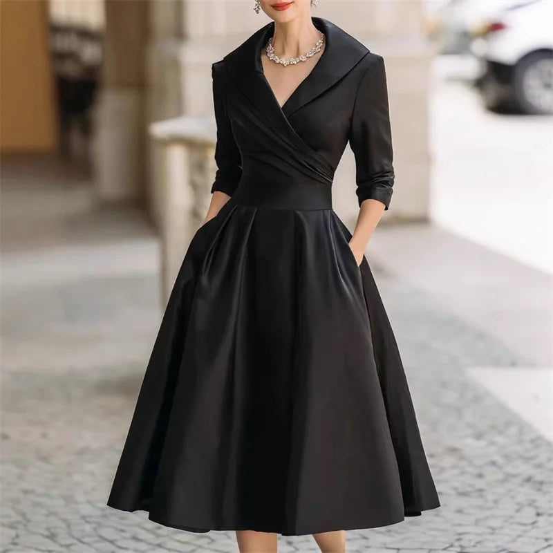 2025 Female Elegant Fashion Long Sleeve Temperament Slim Dress Spring Autumn Solid Casual Long Dress Lady Office A-line Dresses