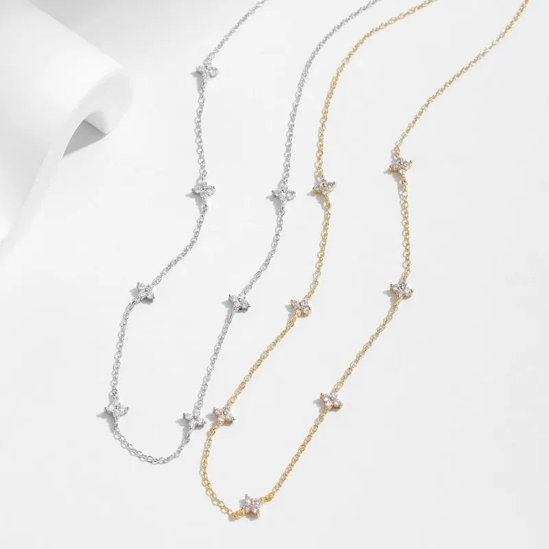 Stainless Steel Zircon Four Leaf Clover Pendant Necklace for Women Girls Simple Elegant Jewelry Gift Lucky Charm Chain