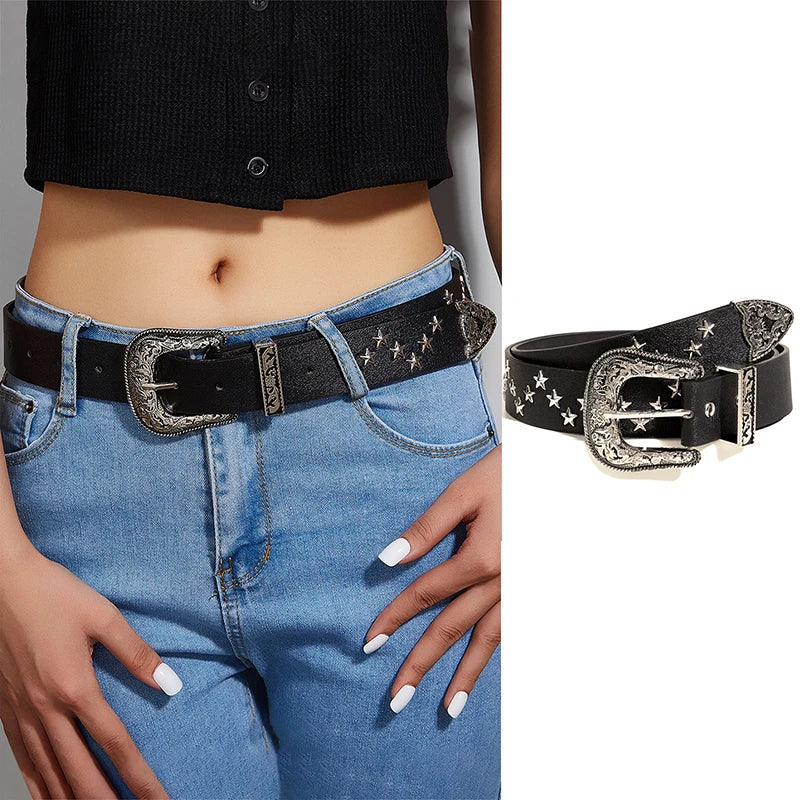 Z. Rivet Hollow Bullet Decoration Belt Fashion Leather Studded Goth Rock Wild Adjustable Women Punk Black Belt