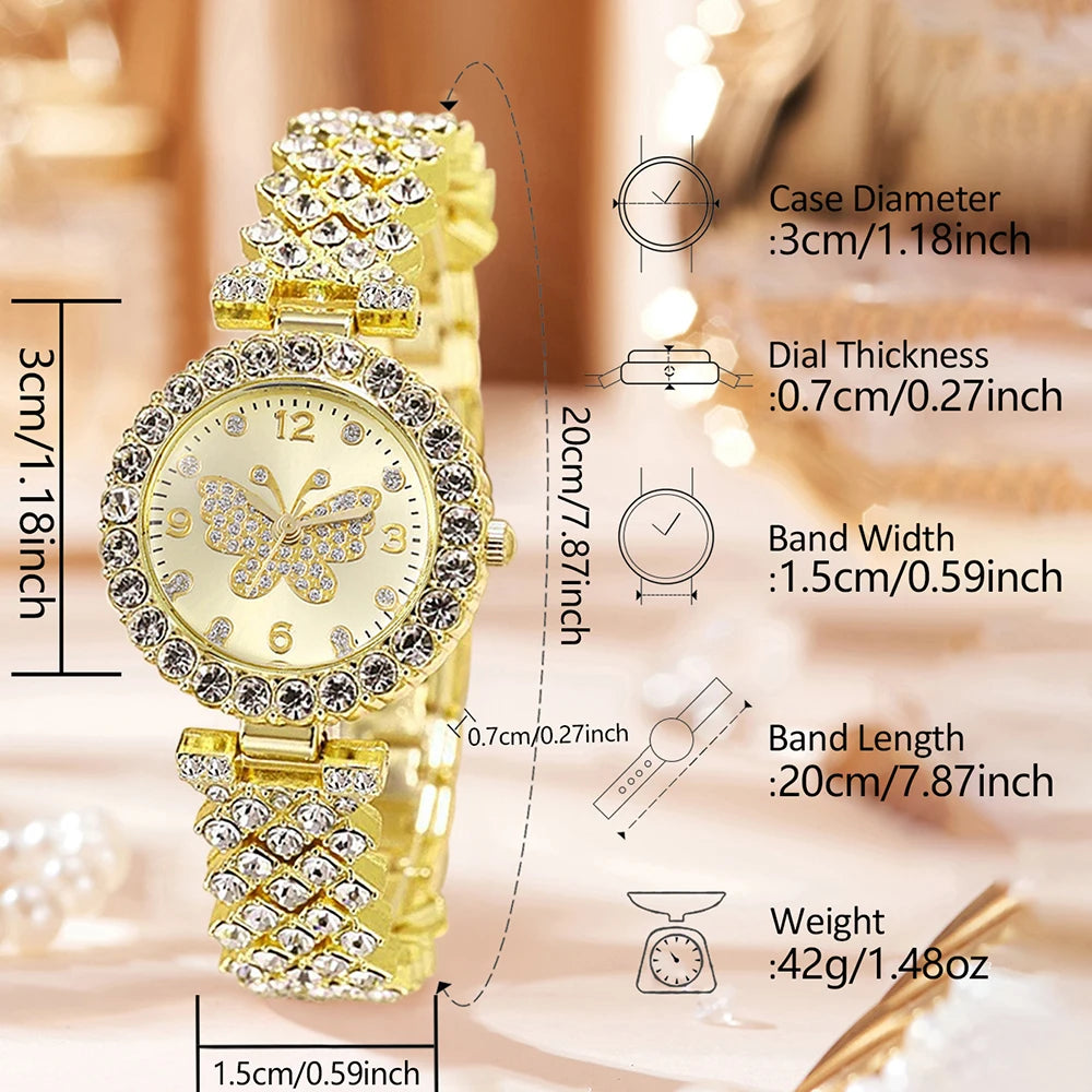 5Pcs/Set Butterfly Unisex Jewelry Watches Women's Wristwatch Accessories Gold Fashion Business Elegant Classic Exquisite Retro Light Luxury Rhinestone Luxury Bracelet Watch Set Y2K Suitable for Daily Outfits and Our Holiday G