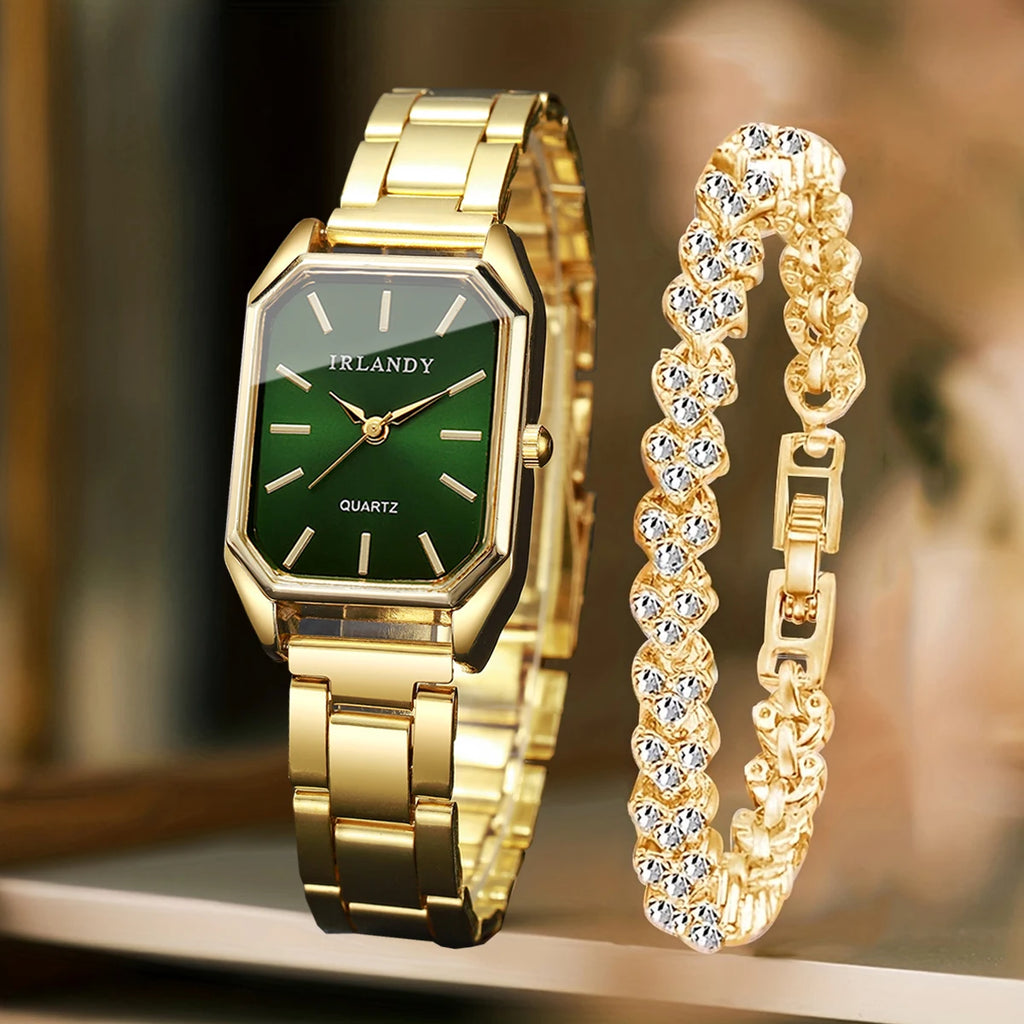 2PCS Fashion Rectangle Women Quartz Watch Rhinestone Bracelet Set Elegant Ladies Wristwatches Relogio Feminino（Without Box）