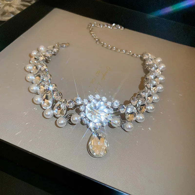 Luxury Rhinestone Crystal Chokers Necklaces For Women Multilayer Imitation Pearl Chain Necklace For Party Wedding Jewelry K-