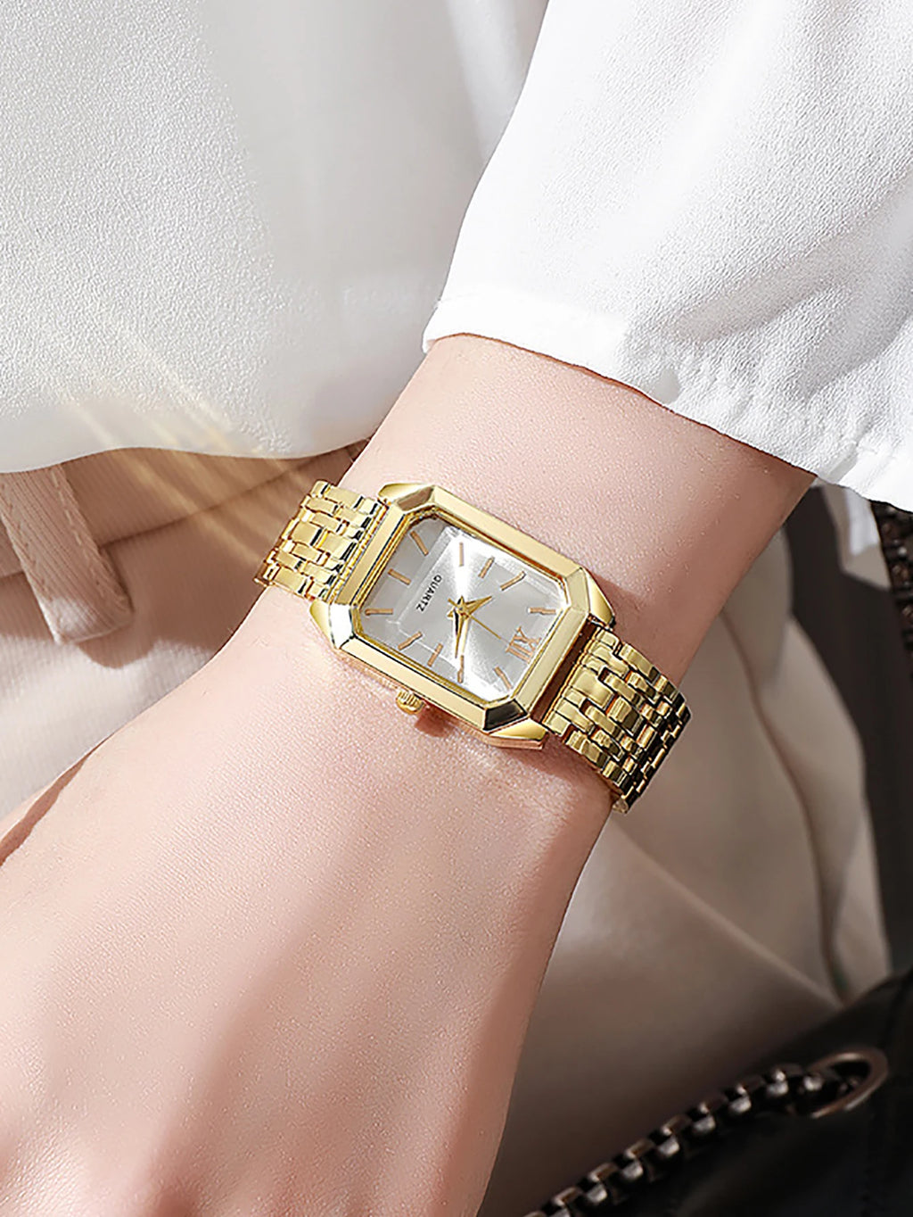 Ladies Quartz Watch Set with Hollow out Jewelry - Stainless Steel Band Bracelet Necklace Ring Trio Perfect Festive Gift Set