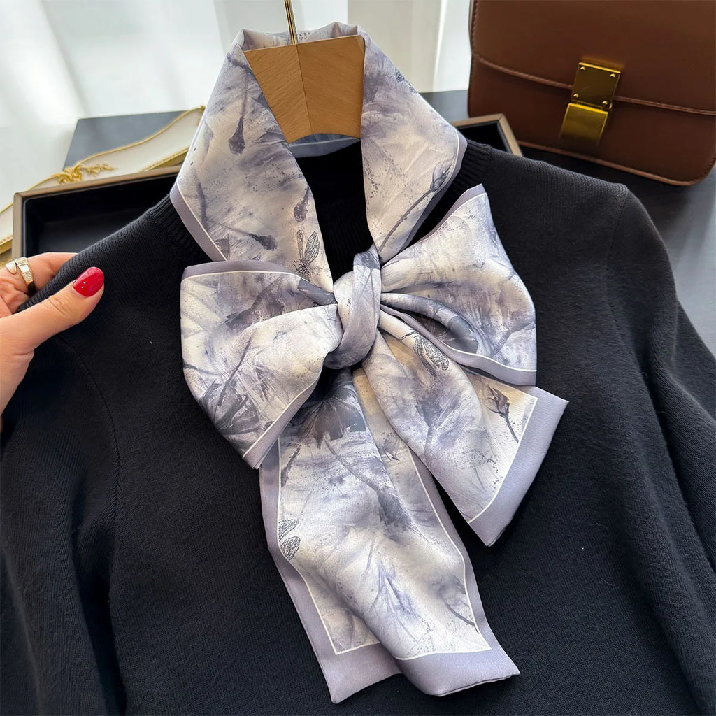Floral Print 12*145cm Long Ribbon Silk Scarf Women Neck Scarves Headband Female Skinny Neckerchief Hair Band Neck Tie Bag Ribbon