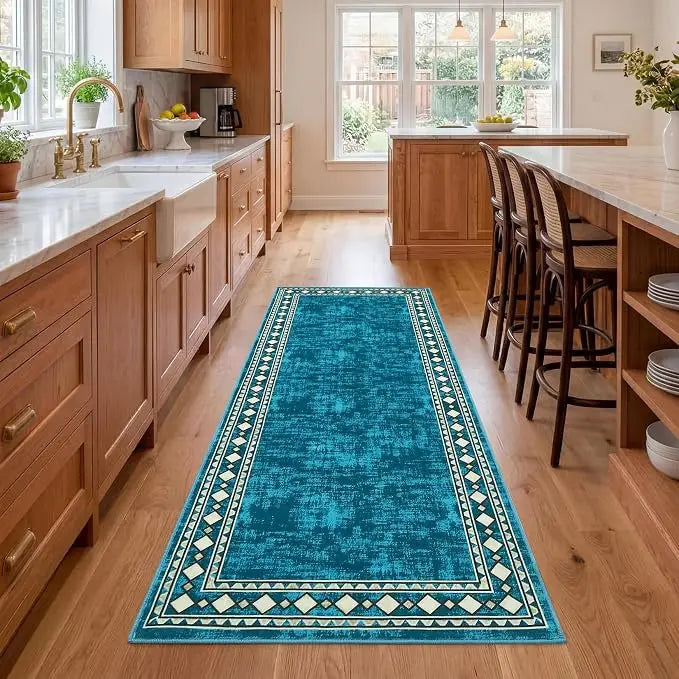 Runner Rug Modern Bordered Hallway Runner Rug, Washable Area Rug Stain Resistant Non-Slip Carpet Minimalist Border Floor Cover Entryway Rug for Laundry Kitchen