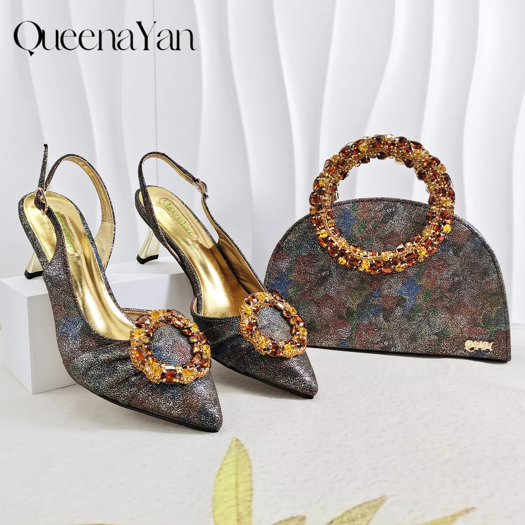 Shimmery Glitter Slingback Women High Heels Sky Blue Shoes and Matching Bag Set Rhinestone Wedding Party Banquet Events