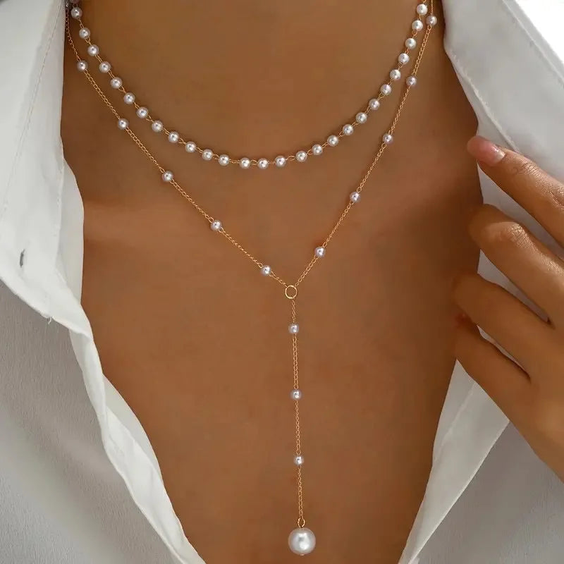 ZAKOL Korean Fashion Imitation Pearl Double Layered Choker Big Ball Bead Pendant Tassel Necklace Women's Sexy Party Body Jewelry
