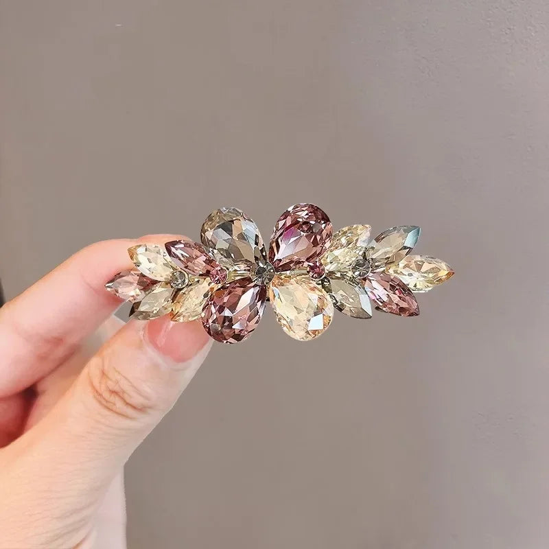 Luxury Colorful Crystal Folower Hairpin Spring Clip High-end Women's Back of Head Half-tied Hair Clip France Hair Accessories