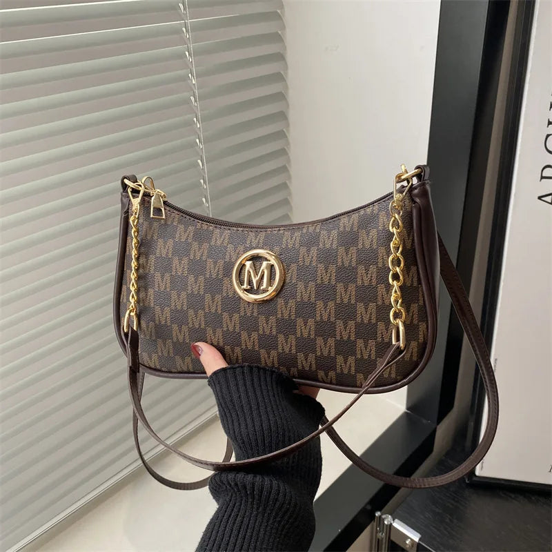 Vintage Style Handbag Crossbody Bag, Gold Letter 'M' Design Pu Leather Shoulder Messenger Bag, Synthetic Leather Tote Bag, Purse