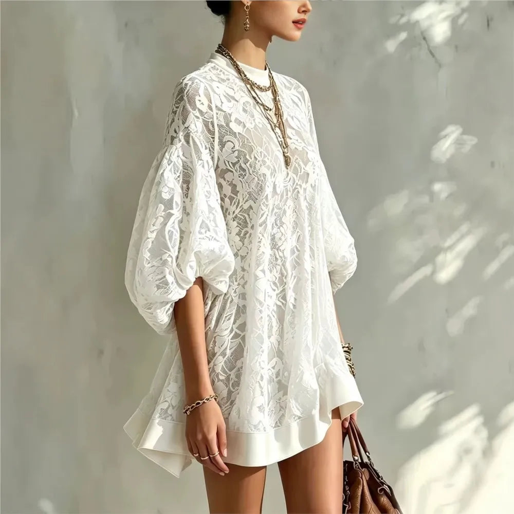 Women Solid Floral Lace Mini Dress Autumn O Neck Lantern Sleeve Mesh Sheer Loose Dresses Boho Casual Beach Holiday Ruffle Dress
