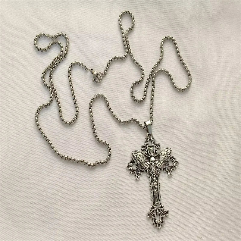 Vintage Cross Pendant Necklace Unisex Versatile Simple Long Sweater Chain Hip Hop Accessory