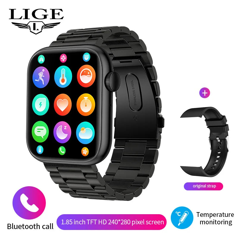 LIGE New Women Smart Watch 1.85 Full Touch Bluetooth Call Smart Wristwatch Body Temperature Watch Sports Bracelet Men Smartwatch