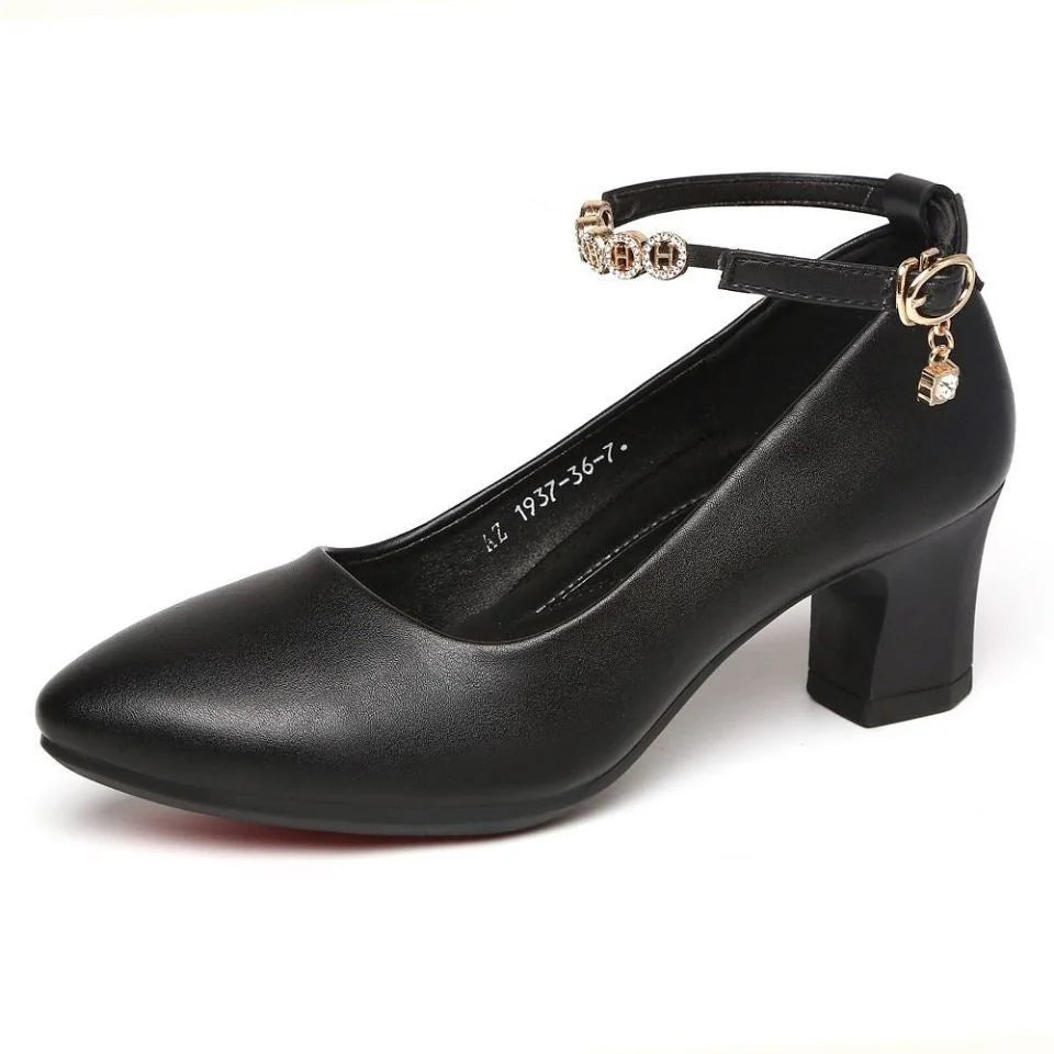 Women Classic Black Soft Patent Leather High Quality Square Heel Shoes Lady Casual Office Comfort Spring Summer Buckle Heels A04