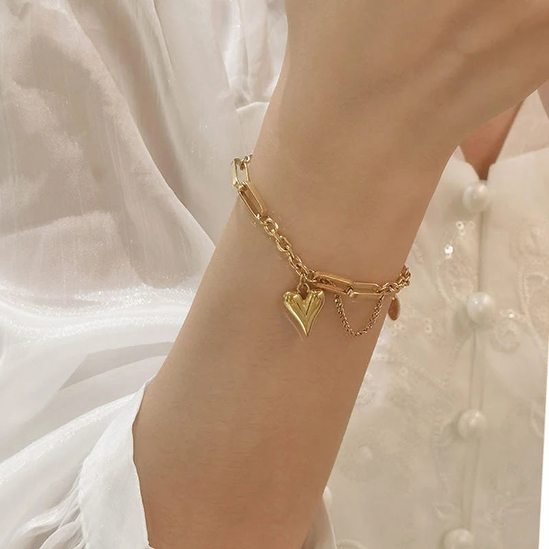 Foxanry 316L Stainless Steel Love Heart Bracelet For Women Girls Korean Fashion Classic Elegant Simple Anniversary Jewelry Gifts