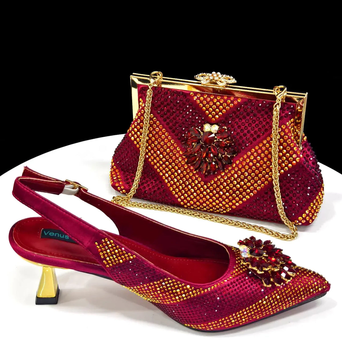 2024 Italian Design Rhinestone Luxury Wine Colour Pointed Toe Shoe & Bag Set Women's High Heels for Parties By Venus Chan
