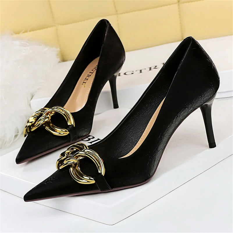 Women 7.5cm 9.5cm High Heels Escarpins Pumps Lady Metal Chain Low Heels Fetish Nightclub Slim Fit Party Green Office Prom Shoes