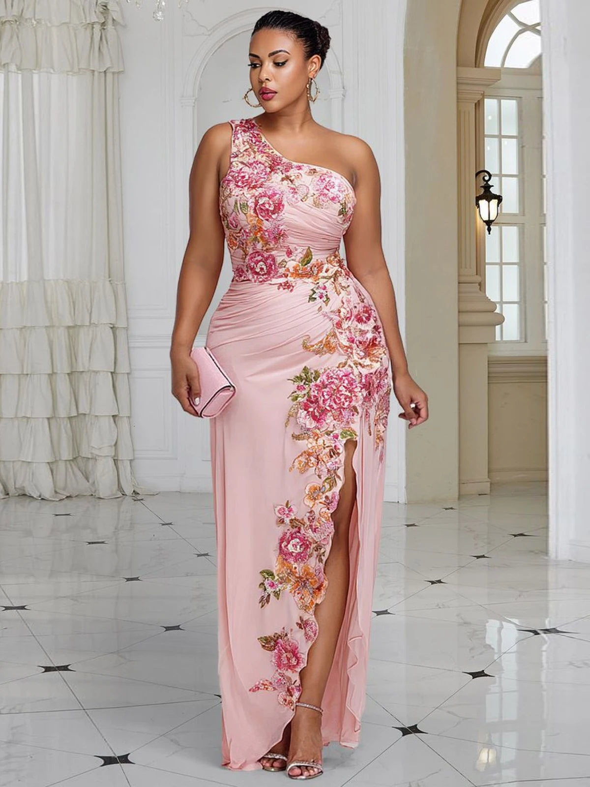 Women Plus Size Floral Print Satin Maxi Dress One Shoulder Sleeveless High Split Bodycon Formal Wedding Guest Evening Party Gown