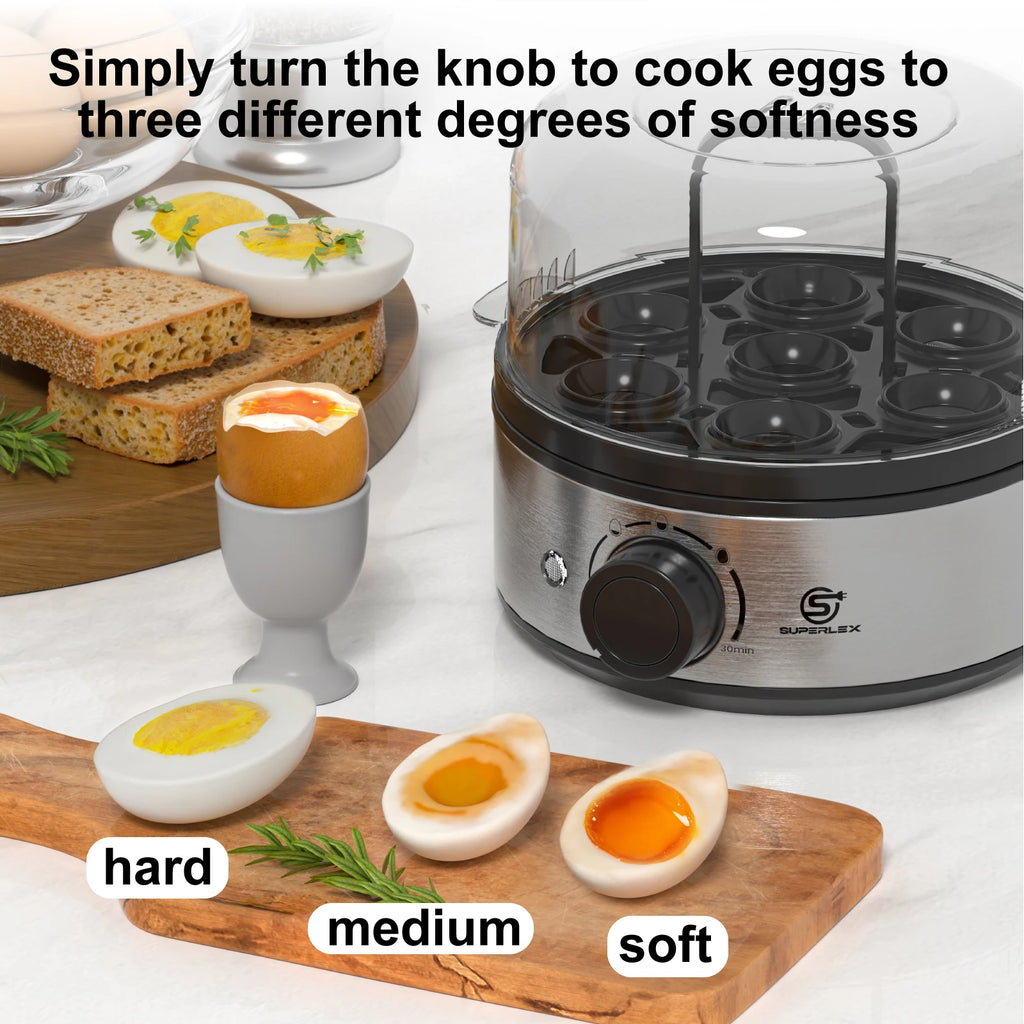 SUPERLEX Electric Egg Cooker 400W Stainless Steel Egg Boiler, Holds Up To 7 Eggs, Adjustable Timer Transparent Lid, Cool Touch Handle, Auto Warning Beep Egg Steamer for Soft Medium Hard Boiled Eggs Breakfast