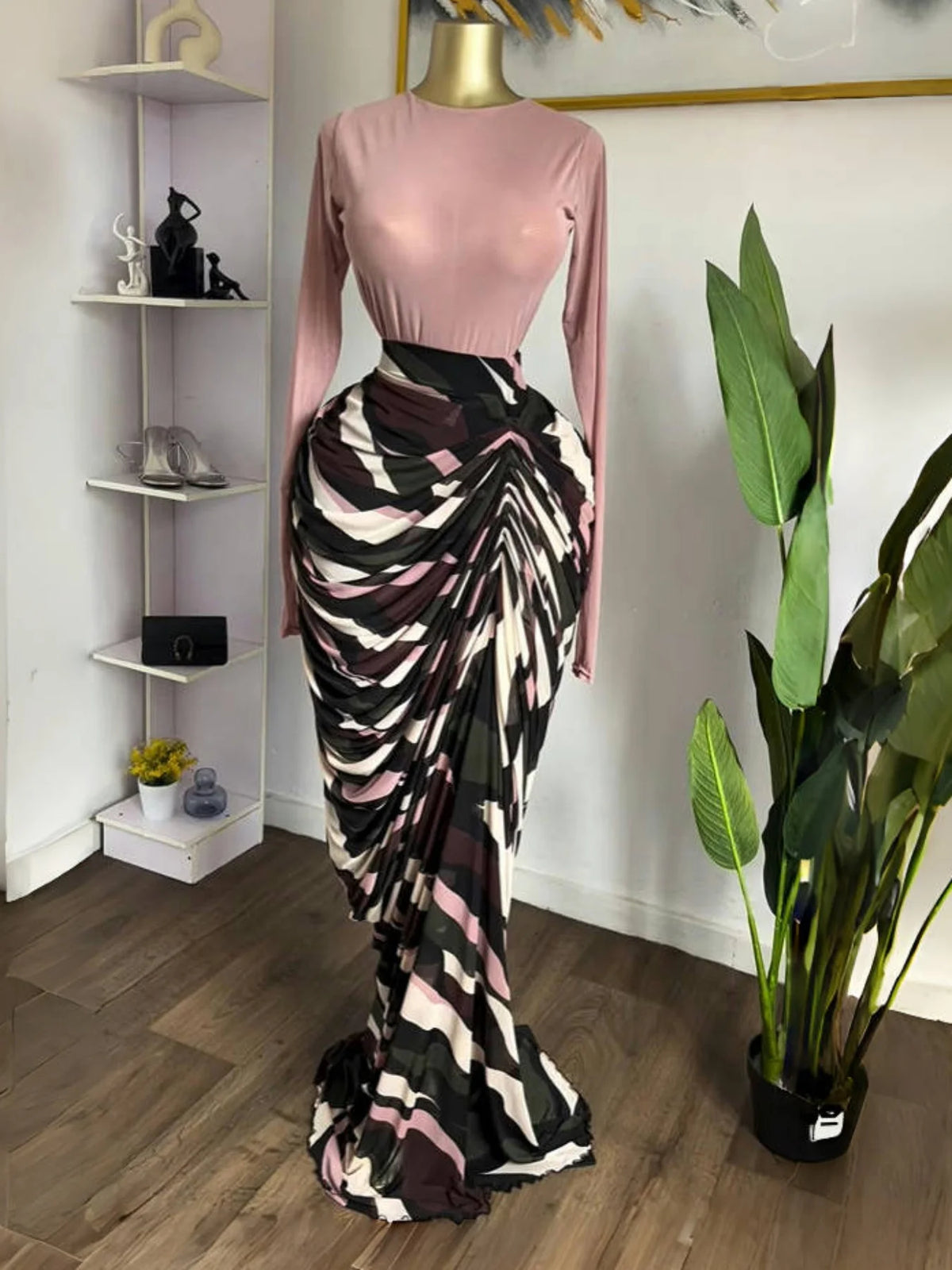 CM.YAYA Women Tie Dye Striped Patchwork Stacked Ruched Bodycon Midi Maxi Long Dress Fall Winter Education Vacation Prom Dresses
