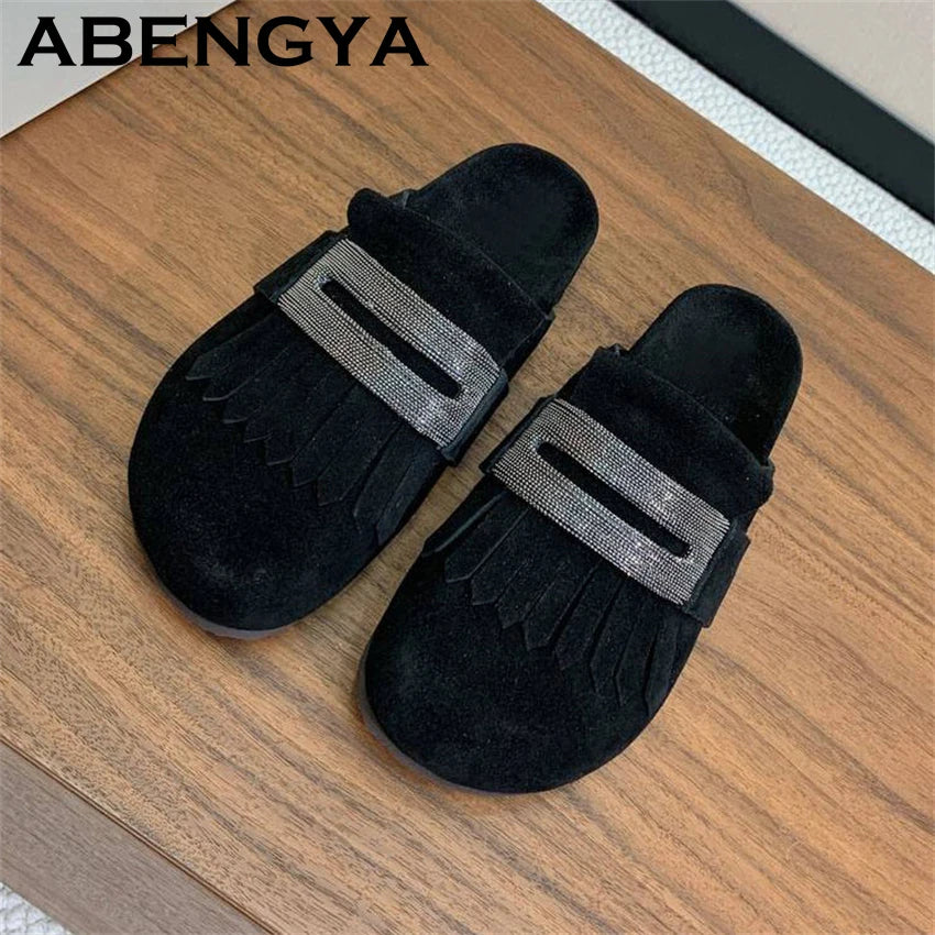2025 Summer Round Wrap Toe Flat Half Slippers Women Suede Leather Tassels Platform Mules Ladies Outdoor Casual Beach Shoes Mujer